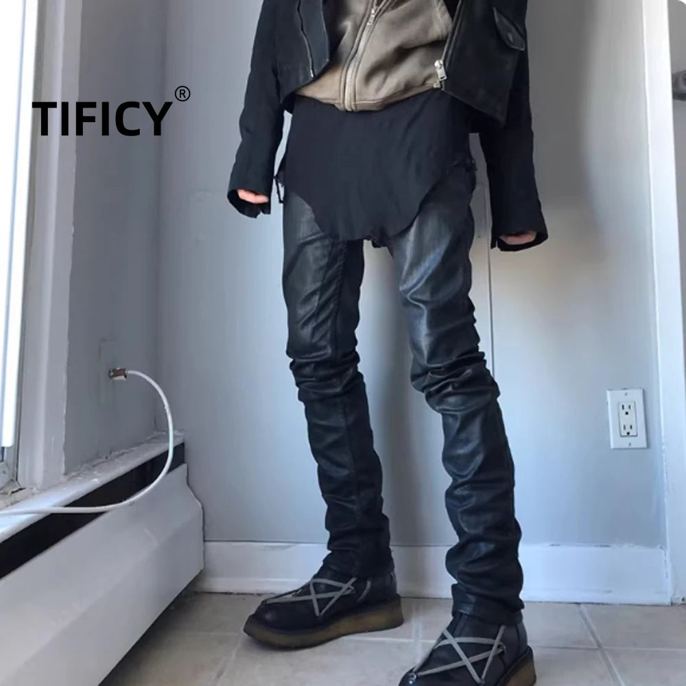High Street Dark RO Denim Pants Men's Youth Leisure Coating Wax Surface Slim Fit Small Leg Denim Pant Streetwear Retro