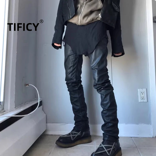 High Street Dark RO Denim Pants Men's Youth Leisure Coating Wax Surface Slim Fit Small Leg Denim Pant Streetwear Retro