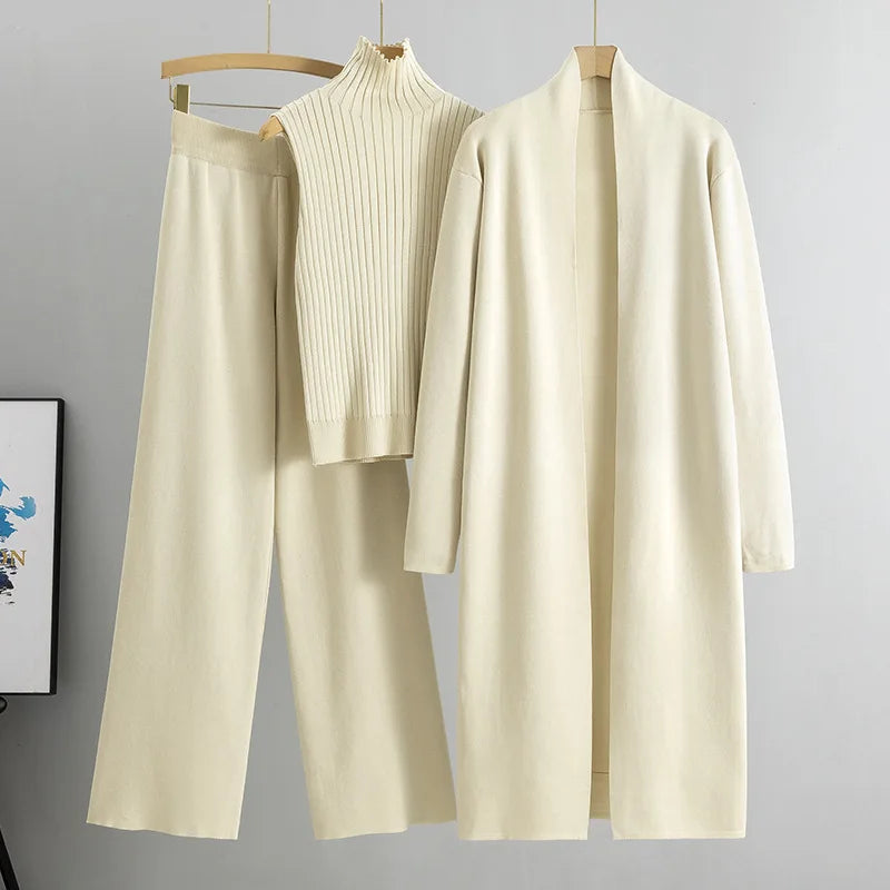 2025 Autumn Winter Women Long Cardigan 3 Piece Set Knit Pants High Neck Vest Wide Leg Trousers Outfit