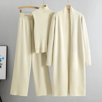 2025 Autumn Winter Women Long Cardigan 3 Piece Set Knit Pants High Neck Vest Wide Leg Trousers Outfit