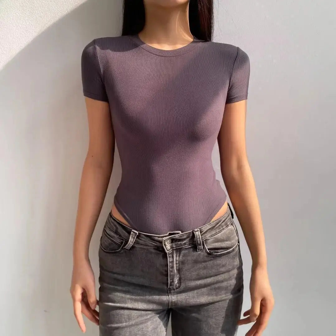Summer Short Sleeve O-neck Knitted Bodysuits Women Stretchable Slim Basic Solid Color Tops