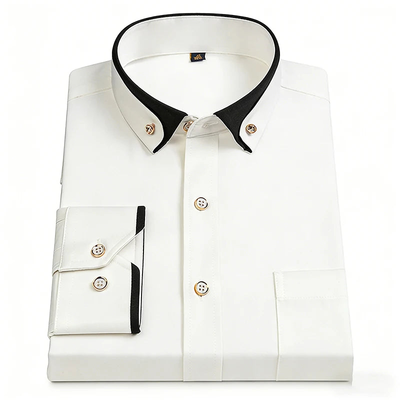 Fashion Color Contrast Men's Elastic Non-iron Long-sleeved Business Shirts Diamond Button Single Pocket Comfort Workwear Clothes