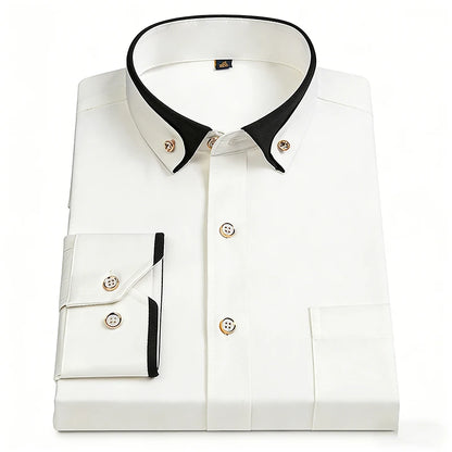 Fashion Color Contrast Men's Elastic Non-iron Long-sleeved Business Shirts Diamond Button Single Pocket Comfort Workwear Clothes