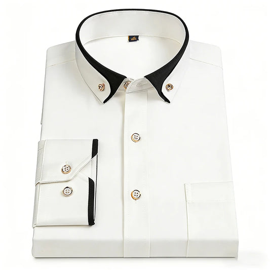 Fashion Color Contrast Men's Elastic Non-iron Long-sleeved Business Shirts Diamond Button Single Pocket Comfort Workwear Clothes