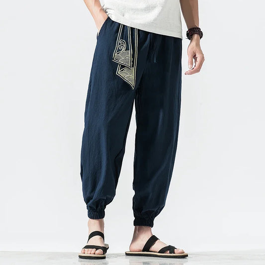 Kimono Men Cotton Linen Japanese Samurai Costume Ukiyo-e Print Belt Retro Harem Pants Mens Hip Hop Harajuku Haori Baggy Trousers