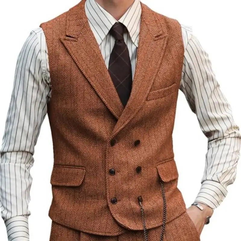 Men Vest Brown Suede Leather Gentleman Business Waistcoat Vintage Regular Slim Autumn Winter Banquet Men's Suit Vest