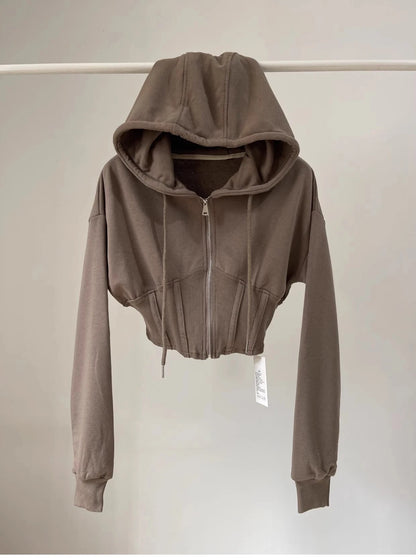 Spicy Girl Retro  Color Hoodie Women's Ultra-Short Waist-Cinching Belly-Baring Long-Sleeve Open Cardigan Top Coat