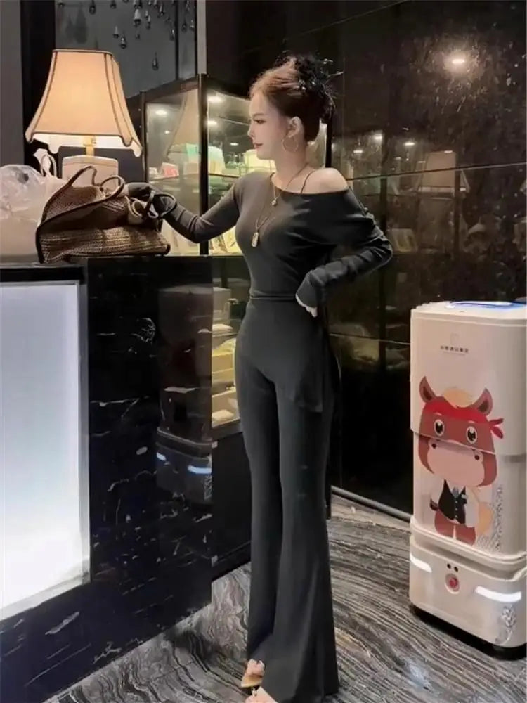 Elegant Pure Desire Style Long Sleeve T-Shirt Set for Women Casual High Waist Pants Slimming Loose Fit Spring Autumn Wear