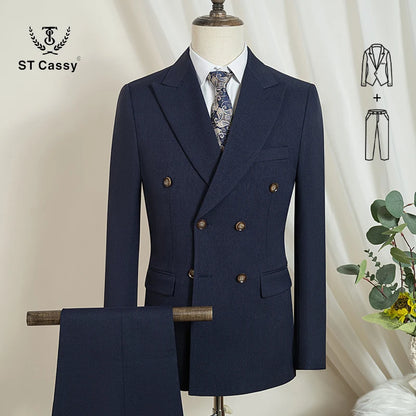 ST Cassy 2-Piece Set (Jacket + Pants) Double-Breasted Man Suit Blue Modern Wedding Suits for Men Slim Fit Business Office Suit