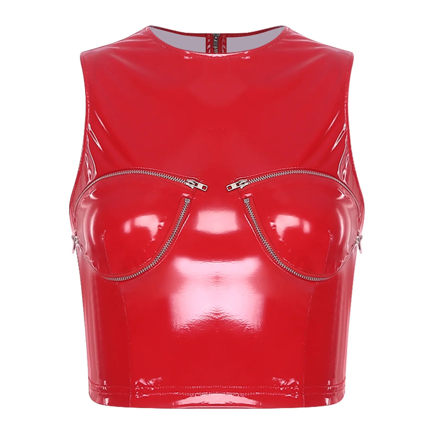 Womens Shiny PU Leather Front Zipper Crop Top Wet Look Crew Neck Sleeveless Back Zipper Slim Fit Tank Top Rave Party Blouse
