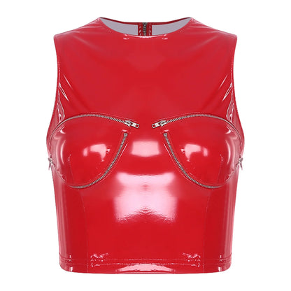 Womens Shiny PU Leather Front Zipper Crop Top Wet Look Crew Neck Sleeveless Back Zipper Slim Fit Tank Top Rave Party Blouse