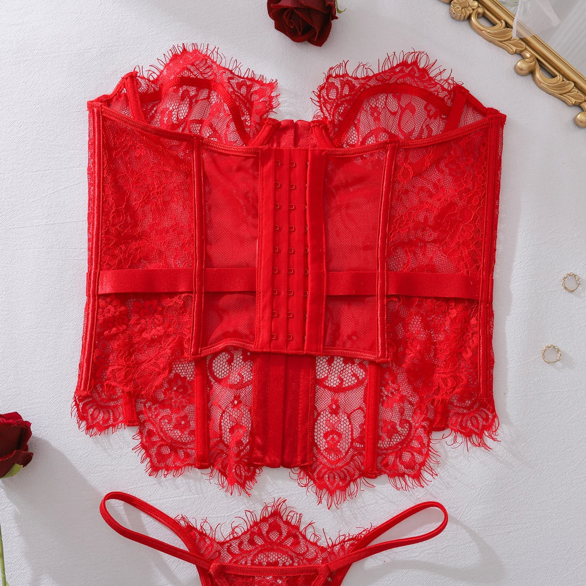 2025 Women's Eyelash Lace Perspective Low cut Fishbone Body Shaping and Slimming Sexy Underwear Two Piece Set