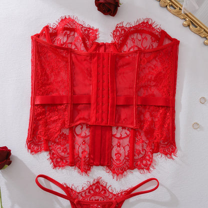 2025 Women's Eyelash Lace Perspective Low cut Fishbone Body Shaping and Slimming Sexy Underwear Two Piece Set