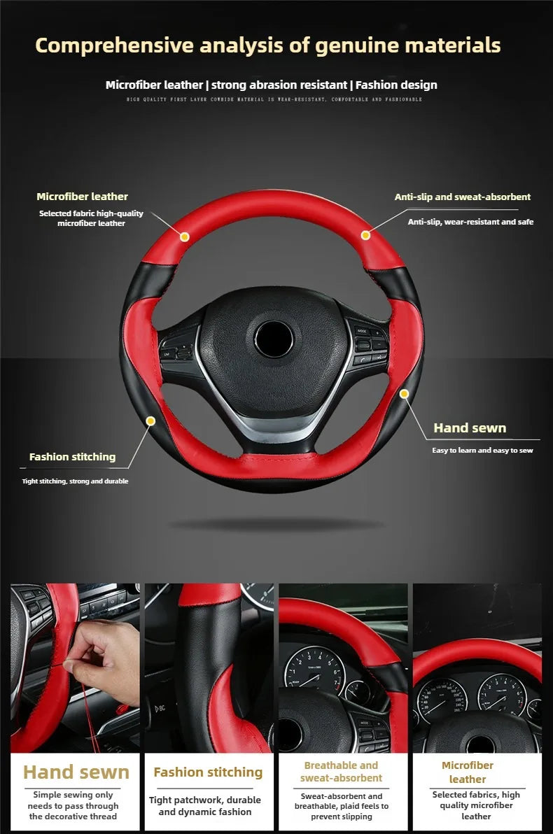 Leather Hand Sewn Steering Wheel Covers Universal DIY Braiding Car Steering Wheel Cover Car Accessories Steering Wheel Wrap 38CM