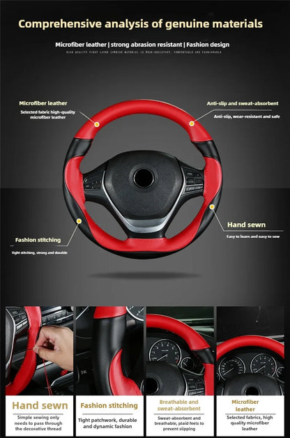Leather Hand Sewn Steering Wheel Covers Universal DIY Braiding Car Steering Wheel Cover Car Accessories Steering Wheel Wrap 38CM