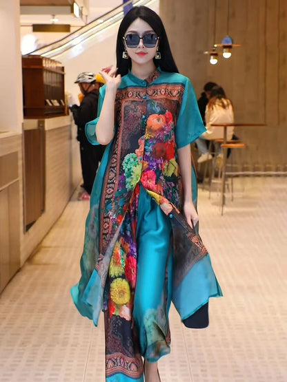 Retro Large Size Floral Print Open Cardigan Loose Wide Leg Pants Ele Faionable Two-Piece Set for Women over 35