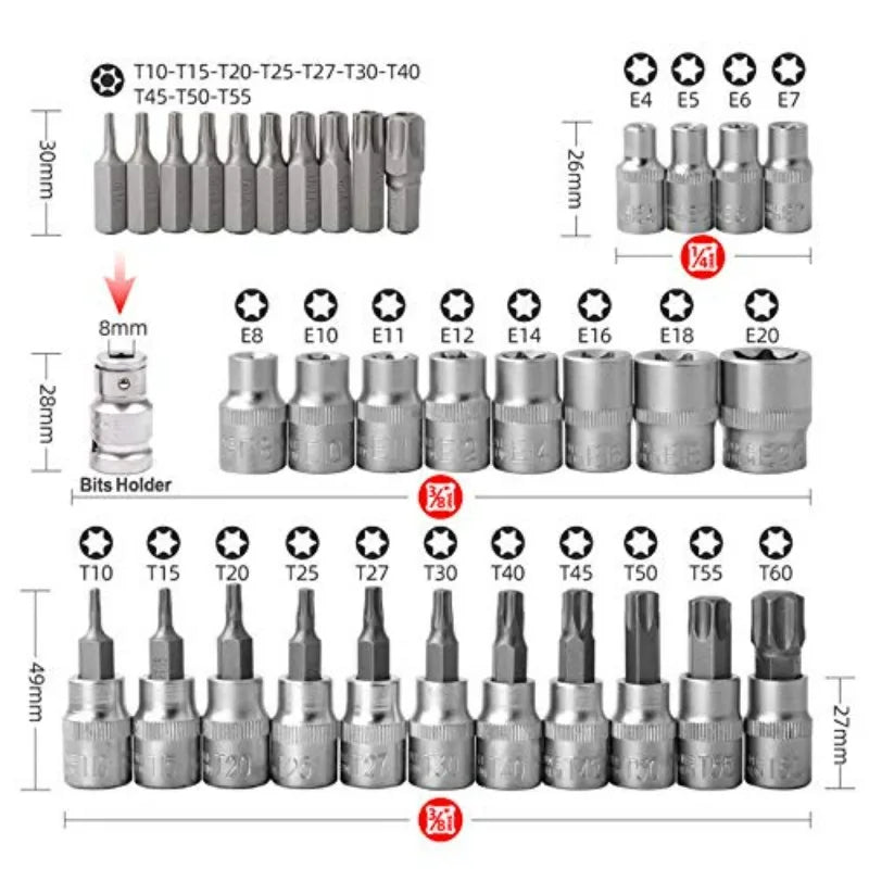 Drive Male Female E-torx Security Bits Handheld Tool Auto Repair Tool 34pcs Torx Bit Socket and E-Torx Star Socket Set
