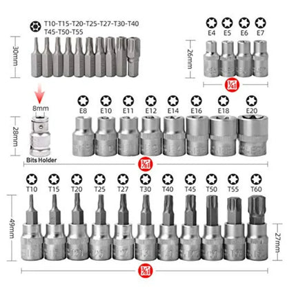Drive Male Female E-torx Security Bits Handheld Tool Auto Repair Tool 34pcs Torx Bit Socket and E-Torx Star Socket Set