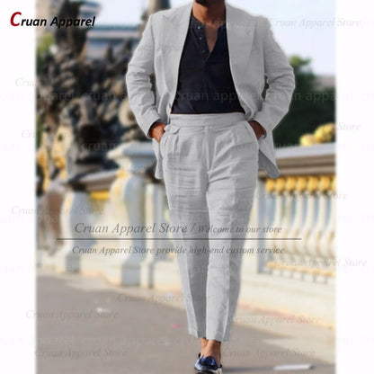 Classic Summer Linen Suit Sets For Men Smart Casual Blazer And Pants 2 Pieces Formal Evening  Fashion Slim Fit Suit Attire