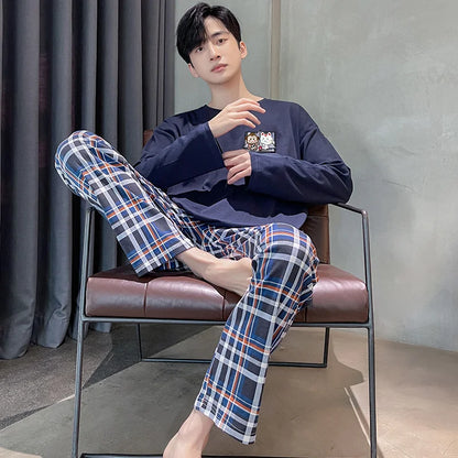 Soft Cotton Pajamas Autumn Men's Plaid Sleepwear Big Yards L-4XL Pajama Sets Casual Sleep&Lounge Pyjamas Pijamas Hombre