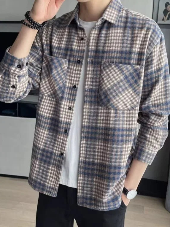 Thickened Plaid Shirt Autumn Winter Men's Korean Version Trend Outerwear Double Pocket Versatile Woolen Coat Shirt