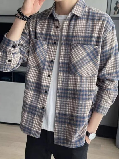 Thickened Plaid Shirt Autumn Winter Men's Korean Version Trend Outerwear Double Pocket Versatile Woolen Coat Shirt
