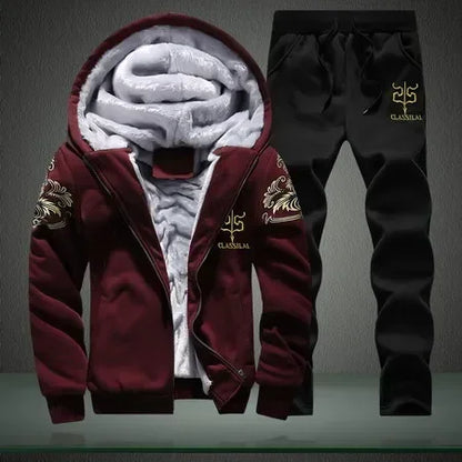 Winter Men Set Casual Warm Thick Hooded Jacket+Pants 2PC Sets Men Inner Fleece Hoodies Zipper Tracksuit Male Sports Suit Outwear