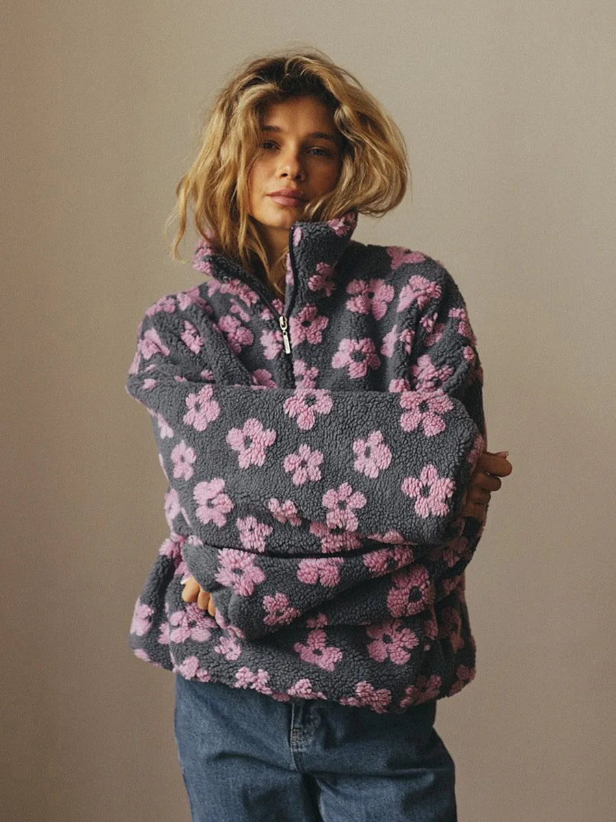 Half Zip Hoodie Women Floral Print Pullover Loose Fit Polar Fleece Sweatshirt Autumn Winter Warm Stylish New