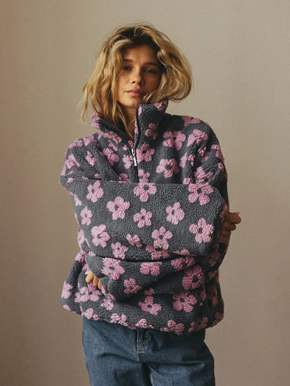 Half Zip Hoodie Women Floral Print Pullover Loose Fit Polar Fleece Sweatshirt Autumn Winter Warm Stylish New