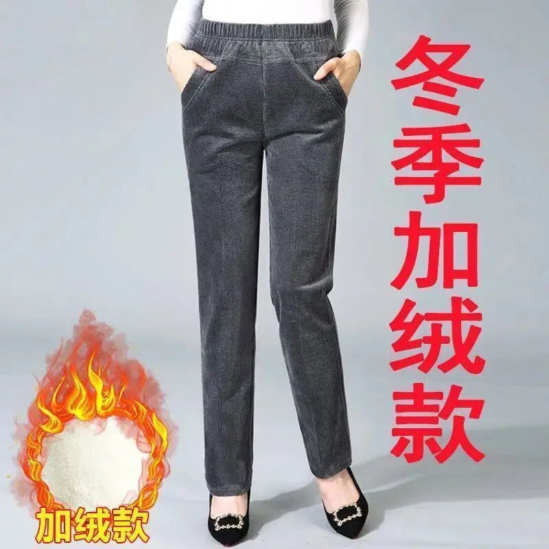Thiened Fce Lined Corduroy Straight Leg Pants for Mom High Waist Korean Sle Commute Faion Winter Casual Trousers