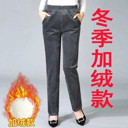 Thiened Fce Lined Corduroy Straight Leg Pants for Mom High Waist Korean Sle Commute Faion Winter Casual Trousers