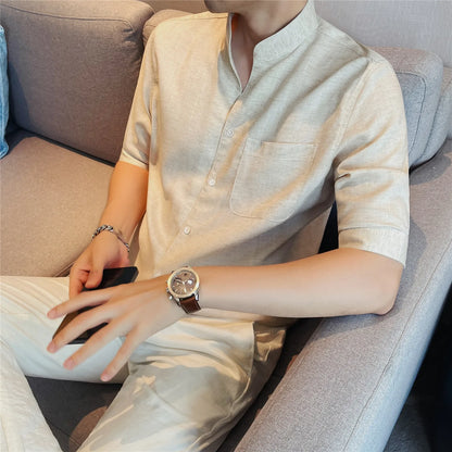 Men's Premium Linen Blend Mandarin Collar Shirt – 7A Antibacterial, Breathable & Cool-Touch Short Sleeve Button-Up