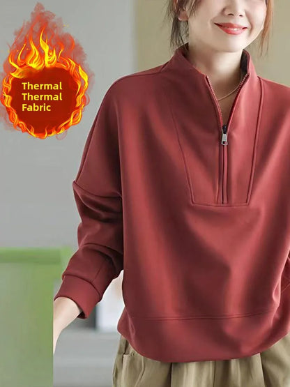 Autumn Winter Hoodie Women Loose Fit Long Sleeve Zipper Stand Collar Casual Slimming Sweatshirt Comfortable Soft Polyester