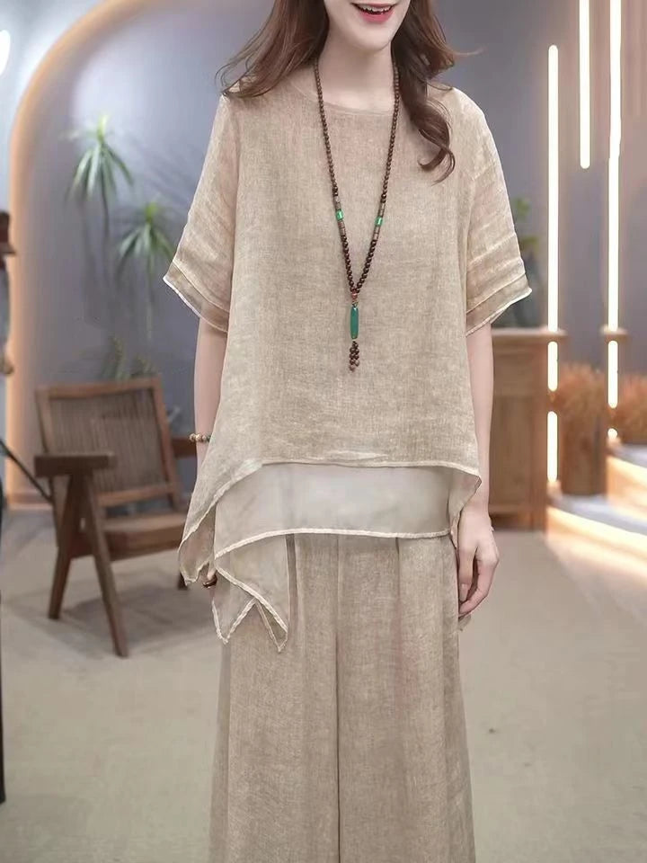 Retro Cotton Linen Set Women's Summer 2026 New Ethnic Style Loose Slimming Belly Covering Two-Piece Set Fashionable Casual Wear
