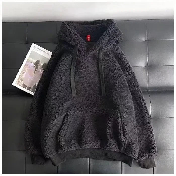 Imitation Lambskin Hoodie Winter Simple Couple Long-Sleeved Hoodie Wear for Both Men and Women Fluffy Thickened Hooded Loose Top