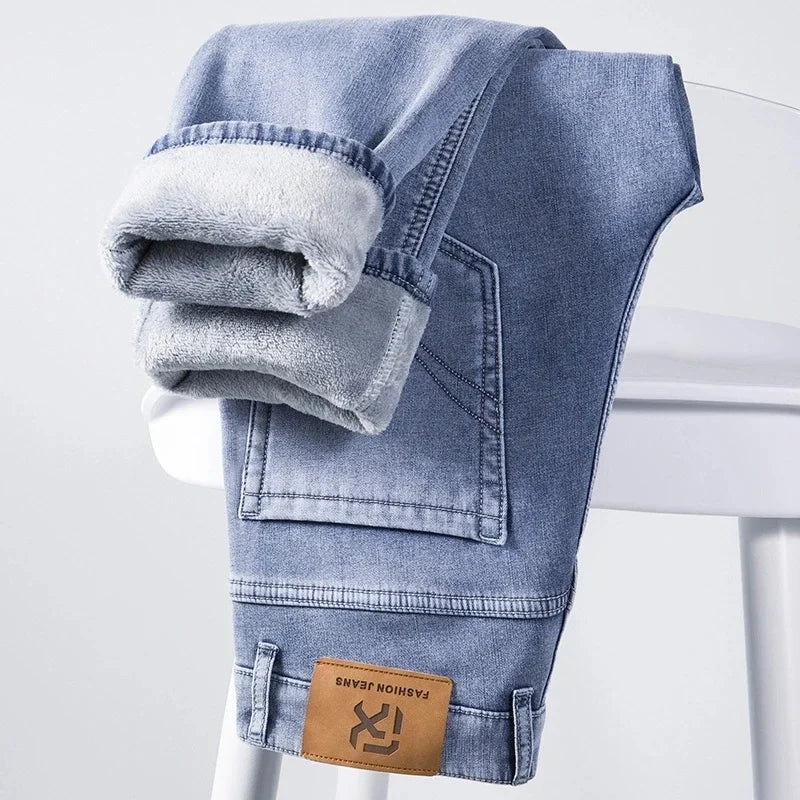 Winter Fleecy Thickened Warm Jeans Vintage Brand Classic Retro Youth Fashion Men Fit Straight Leg Casual Stretch Denim Pants
