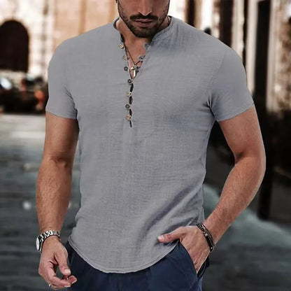 Men's Short Sleeve Linen Shirt Summer Lightweight Casual V-Neck T-Shirt Men Basic Solid Color Loose Fit Top