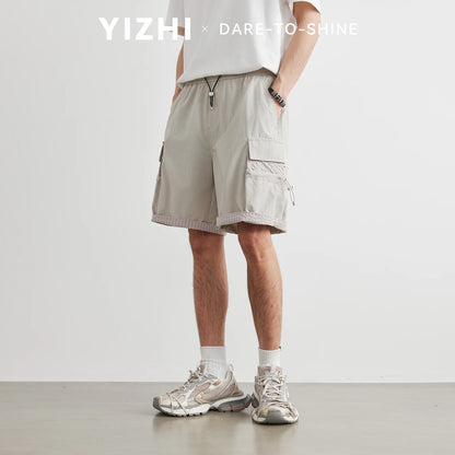 2026 Summer Solid Cargo Shorts Men Quick Dry Lightweight Breathable Multi-Pocket Drawstring Straight Leg Short Pants
