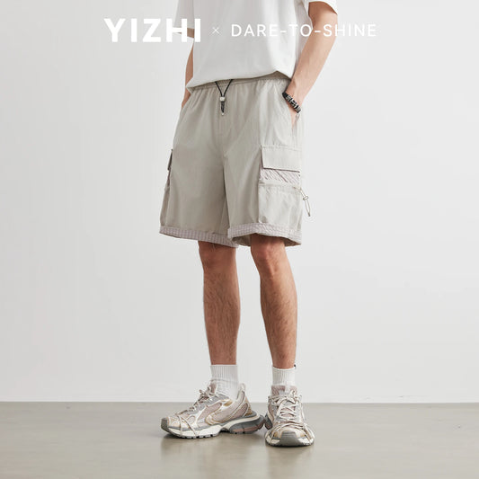 2026 Summer Solid Cargo Shorts Men Quick Dry Lightweight Breathable Multi-Pocket Drawstring Straight Leg Short Pants