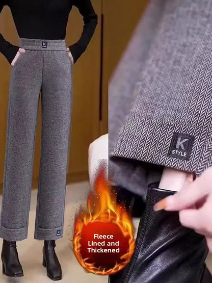 Women's Winter Fleece Lined Straight Leg Pants High Waist Casual Trousers Nine Point Length Autumn Winter Outerwear Versatile