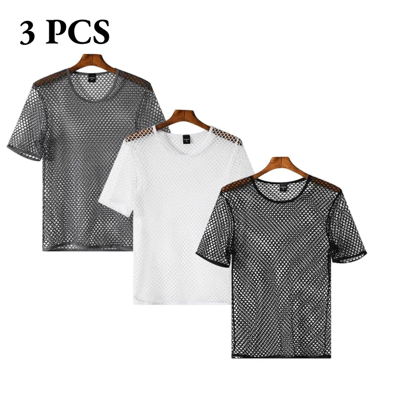 Men's Fishnet Mesh T-Shirt See Through O-neck Short Sleeve Hollow Out Tops Breathable Streetwear Nightclub Party Sheer T Shirts