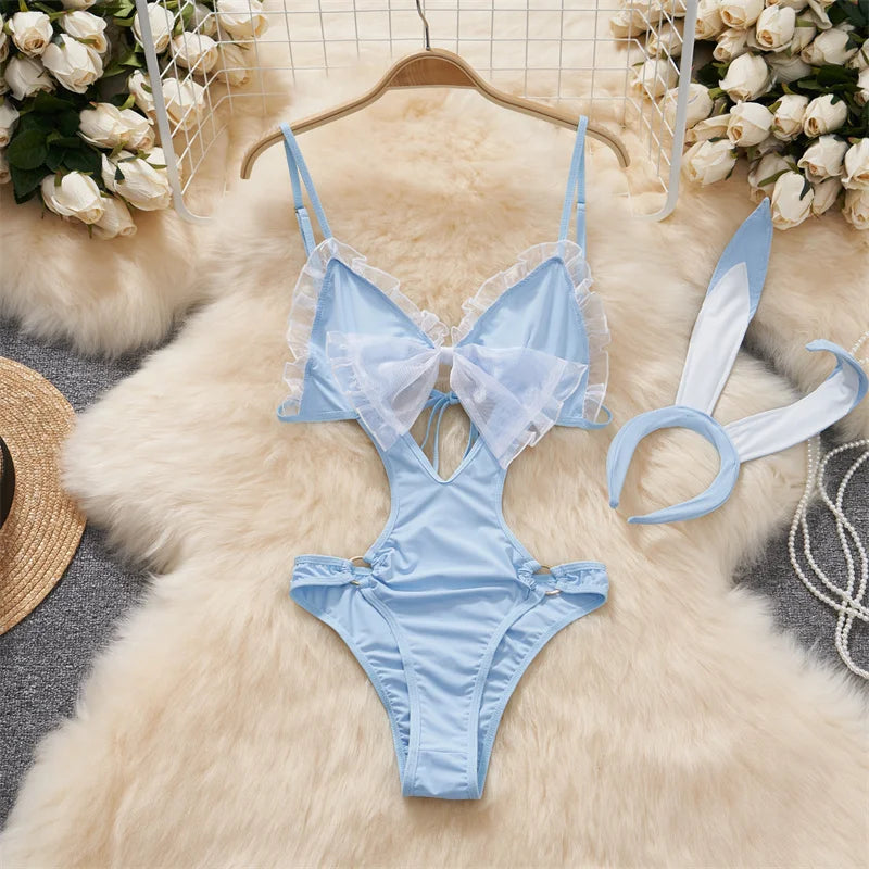 Cute Gray Rabbit Ear Hood Top Sexy Backless Slim Fit Bodysuit Zip Sleeveless Women Sexy Erotic Lingerie Bunny Cosplay Playsuit