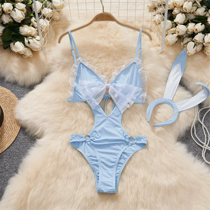 Cute Gray Rabbit Ear Hood Top Sexy Backless Slim Fit Bodysuit Zip Sleeveless Women Sexy Erotic Lingerie Bunny Cosplay Playsuit