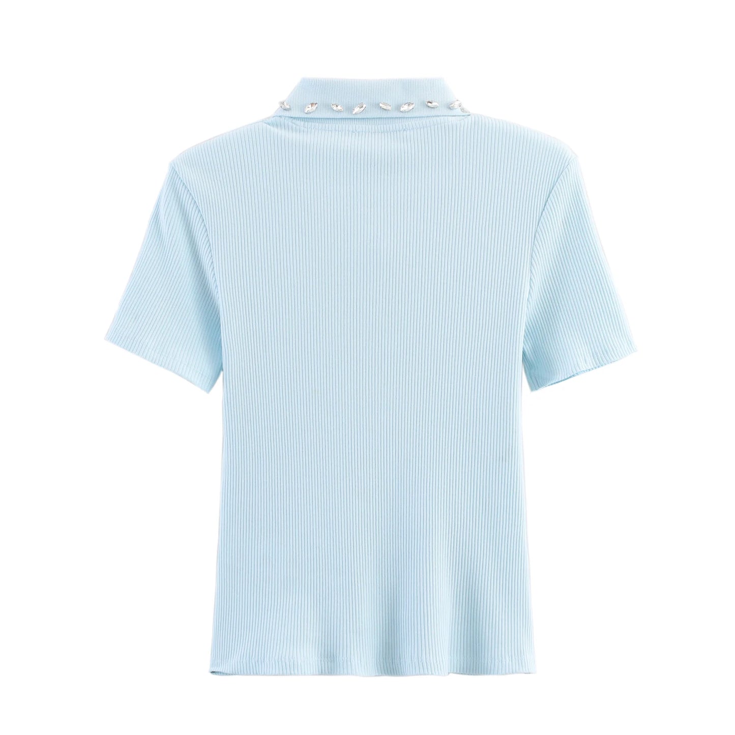 Retro American Diamond Embedded Short Sleeve Knitted T-shirt Women's Sweet Anti-aging Top Jewelry Collar Turn-down Collar