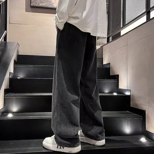 Men's Y2K Baggy Jeans Drawstring Elastic Waist Washed Denim Pants Straight Leg Wide Leg Streetwear Loose Fit Trousers