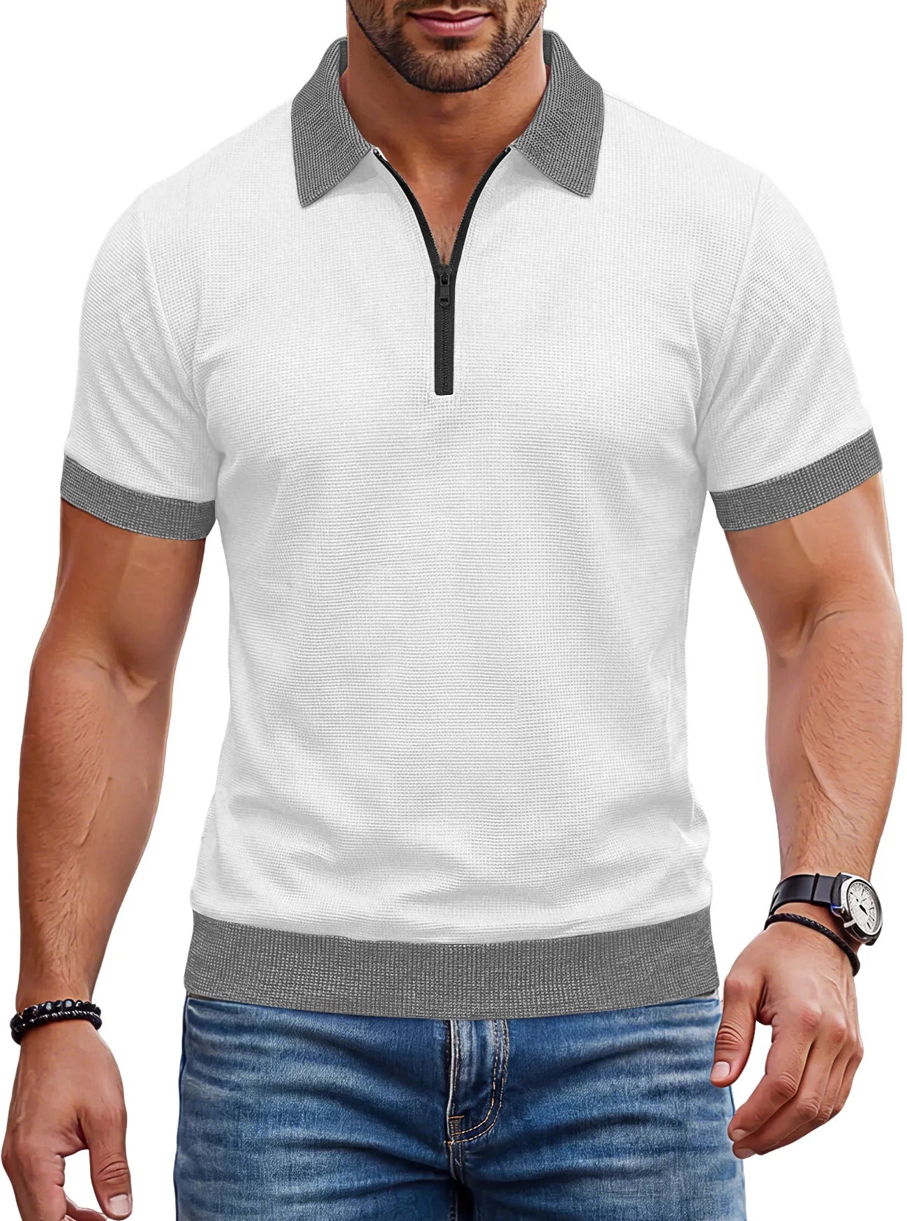 Men's Zip Polo Shirt Short Sleeve Contrast Trim Textured Casual Top 2026