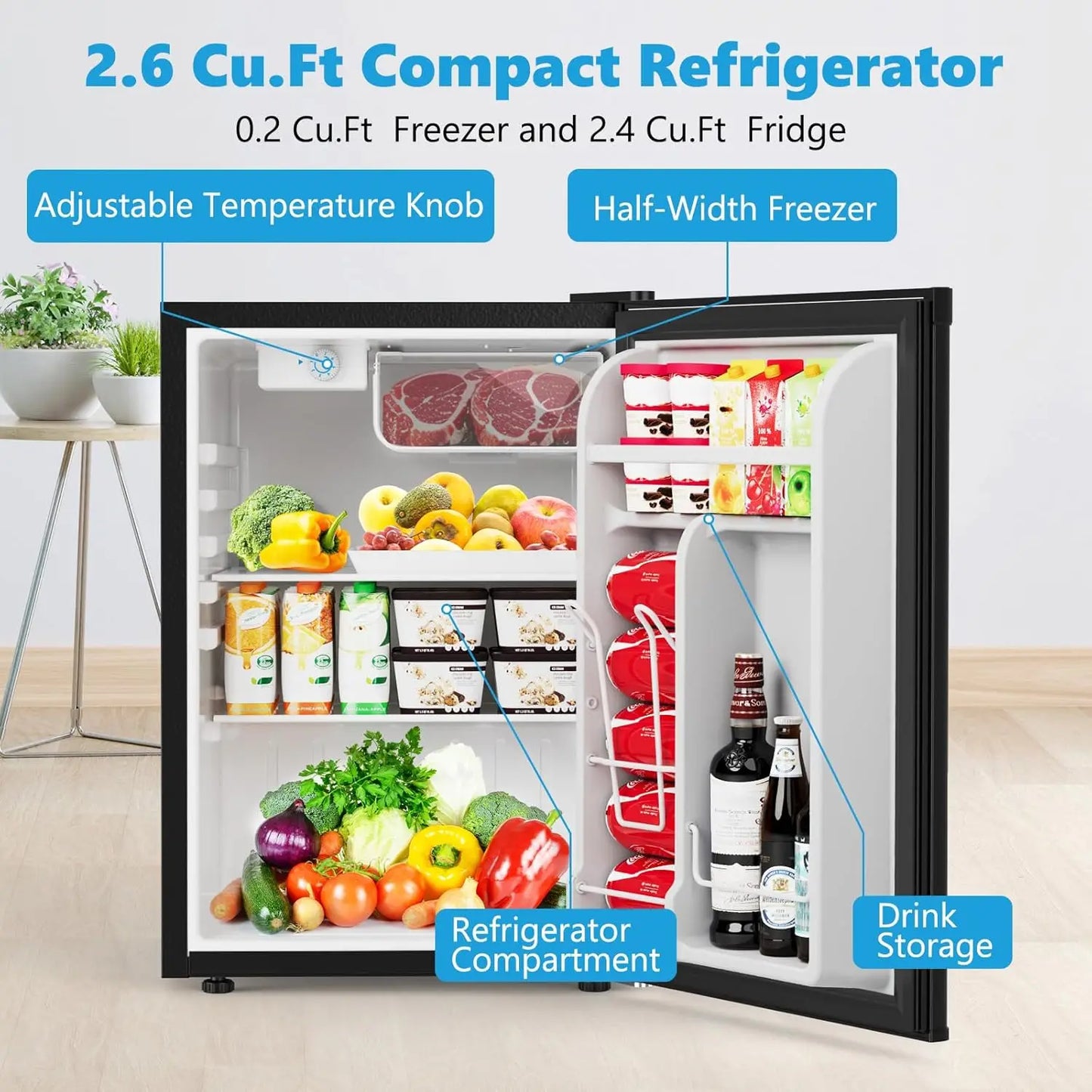 2.6 Cu.Ft Dorm Fridge with Freezer, Single Reversible Door Compact Refrigerator, Adjustable