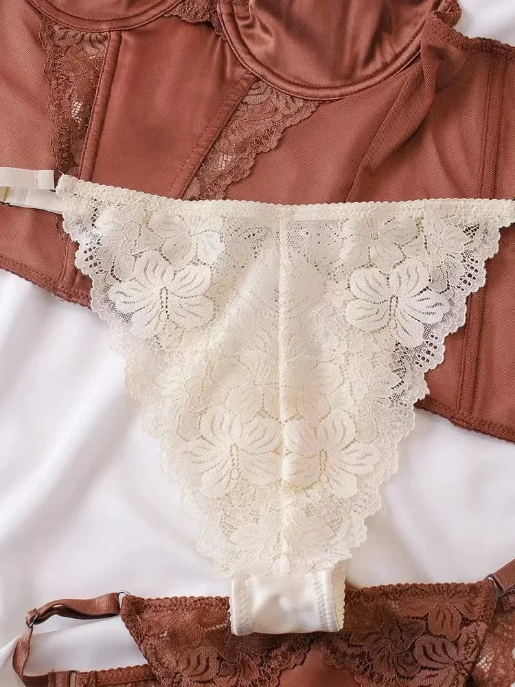 French Lingerie Set Sexy Fish Bone Corset Lace Long Bra High Quality Women Underwear Flowers Embroidery Shapewear Tops Panties