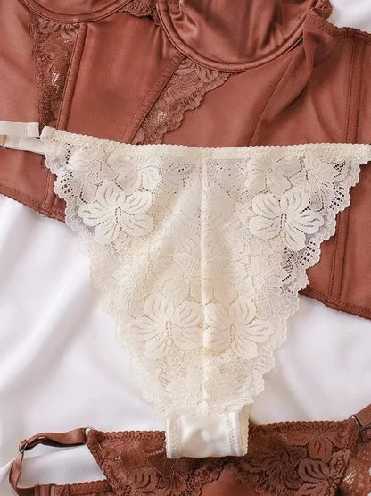 French Lingerie Set Sexy Fish Bone Corset Lace Long Bra High Quality Women Underwear Flowers Embroidery Shapewear Tops Panties