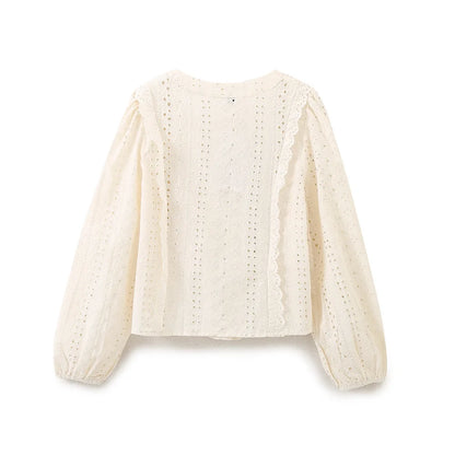 European and American Style 2026 Summer New Women's Sweet Round Neck Puffy Long Sleeve Hollow Embroidered Shirt Loose Top